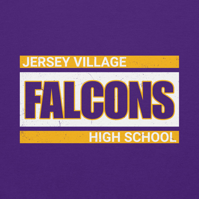 Close-up view of Jersey Village High School Falcons Purple Classic Unisex Hoodie 098
