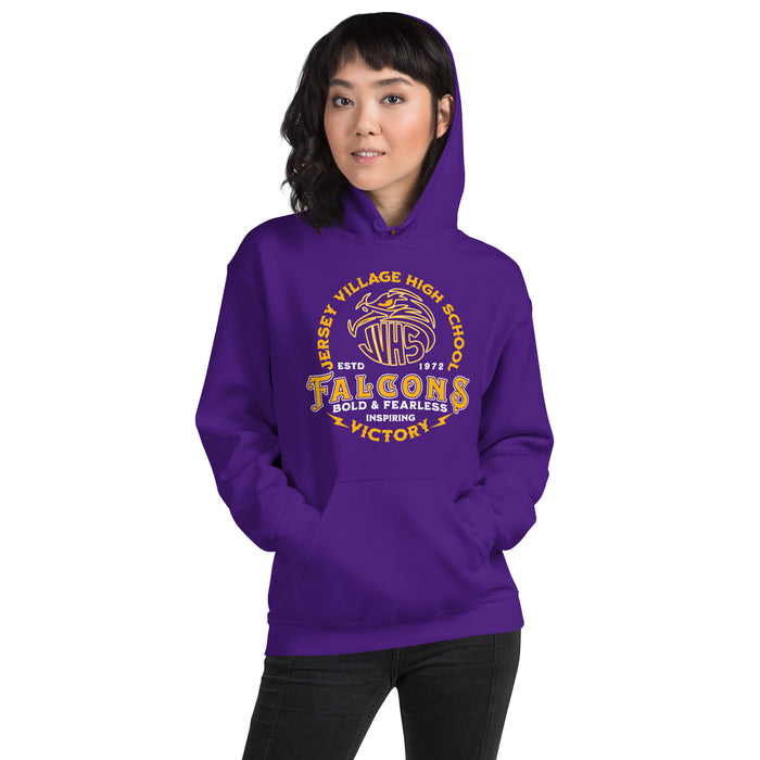 Woman wearing Jersey Village High School Falcons Purple Classic Unisex Hoodie 206