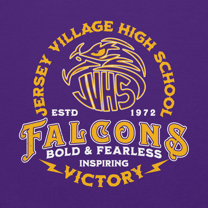 Close-up view of Jersey Village High School Falcons Purple Classic Unisex Hoodie 206