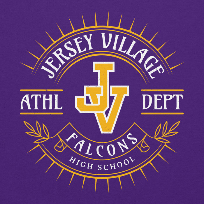 Close-up view of Jersey Village High School Falcons Purple Classic Unisex Hoodie 201