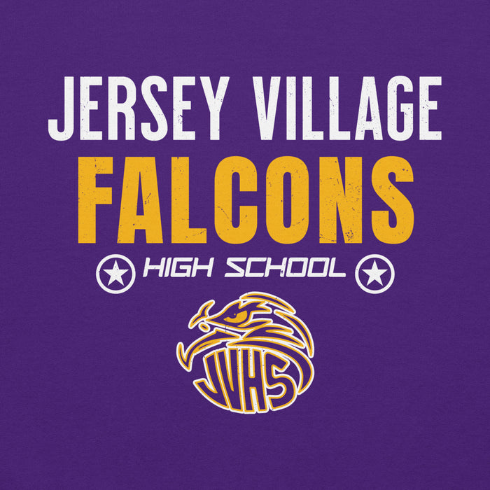 Close-up view of Jersey Village High School Falcons Purple Classic Unisex Hoodie 003