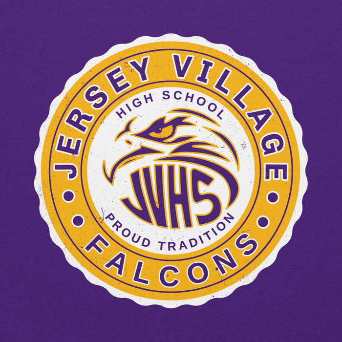 Close-up view of Jersey Village High School Falcons Purple Classic Unisex Hoodie 216