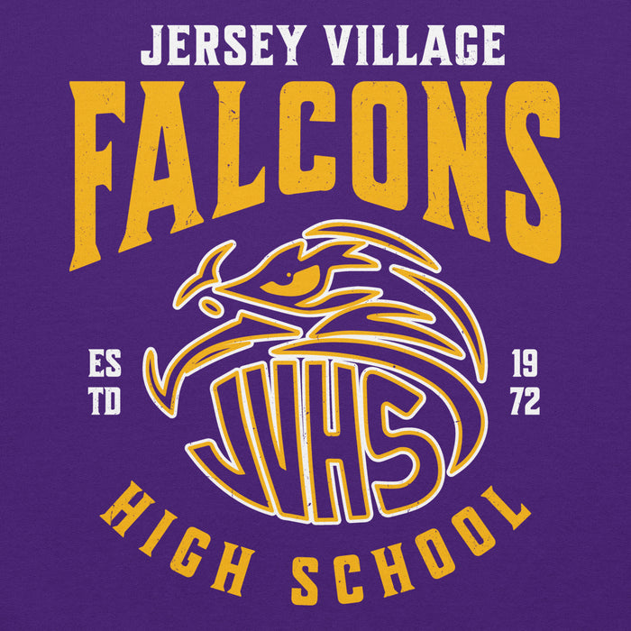 Close-up view of Jersey Village High School Falcons Purple Classic Unisex Hoodie 213