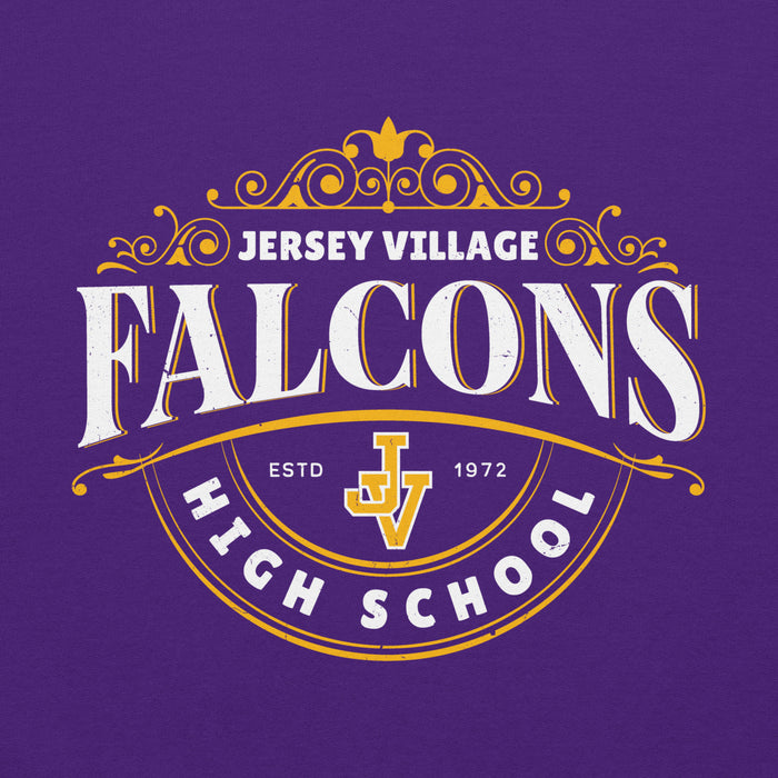 Close-up view of Jersey Village High School Falcons Purple Classic Unisex Hoodie 211