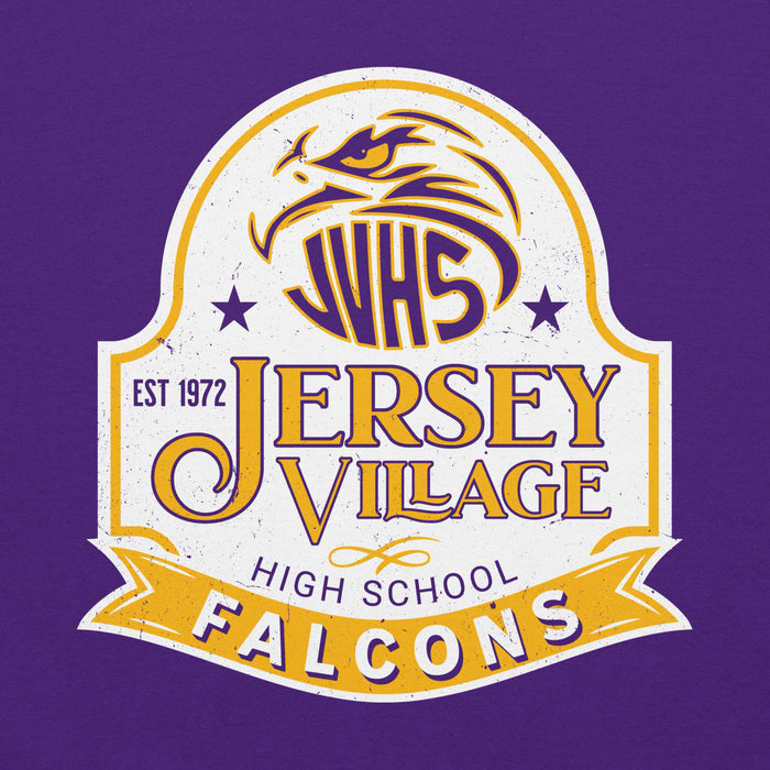 Close-up view of Jersey Village High School Falcons Purple Classic Unisex Hoodie 219