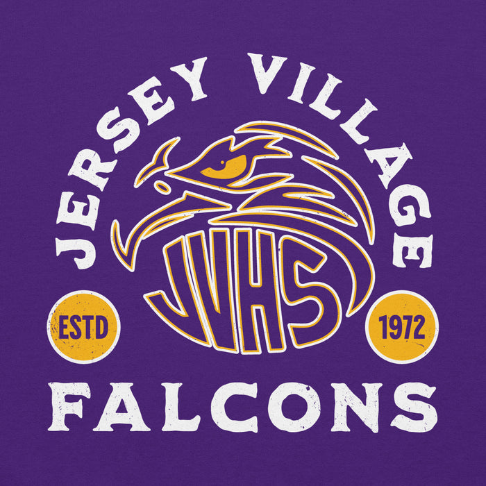 Close-up view of Jersey Village High School Falcons Purple Classic Unisex Hoodie 208