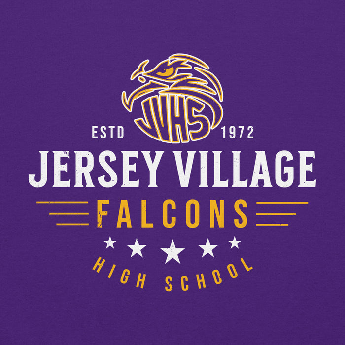 Close-up view of Jersey Village High School Falcons Purple Classic Unisex Hoodie 217