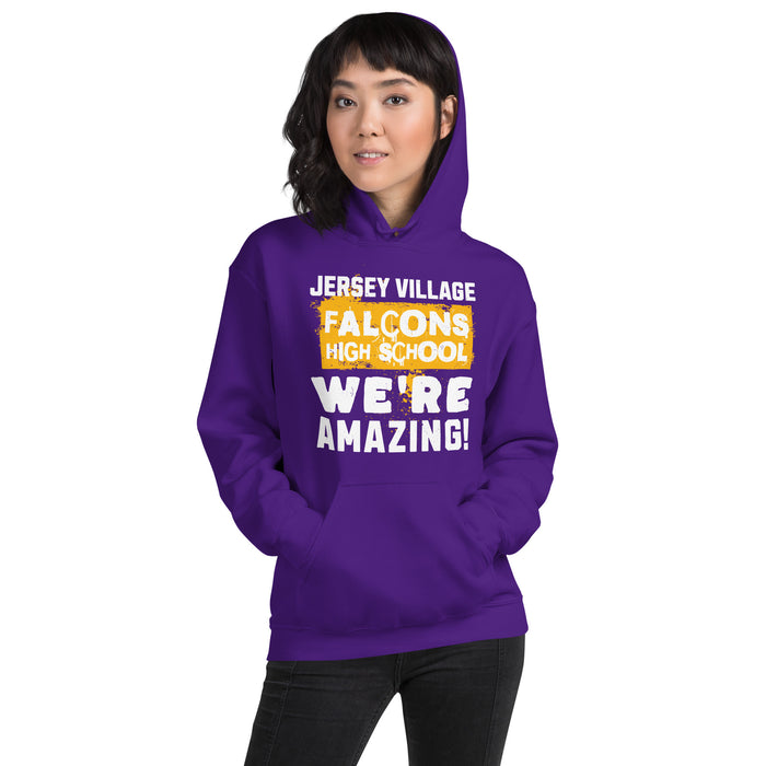 Woman wearing Jersey Village High School Falcons Purple Classic Unisex Hoodie 231