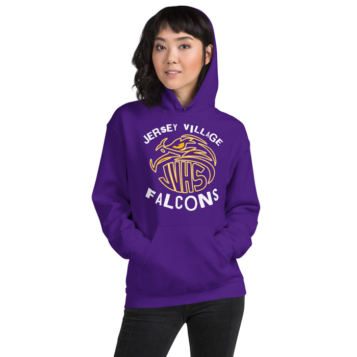Woman wearing Jersey Village High School Falcons Purple Classic Unisex Hoodie 228