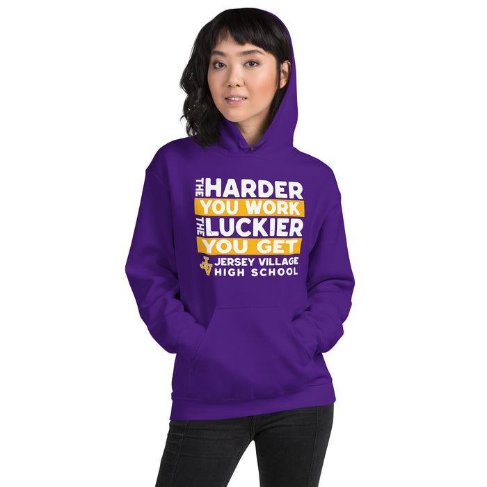 Woman wearing Jersey Village High School Falcons Purple Classic Unisex Hoodie 238