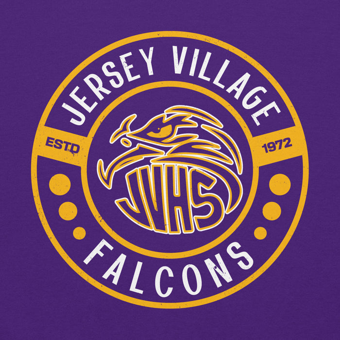 Close-up view of Jersey Village High School Falcons Purple Classic Unisex Hoodie 239