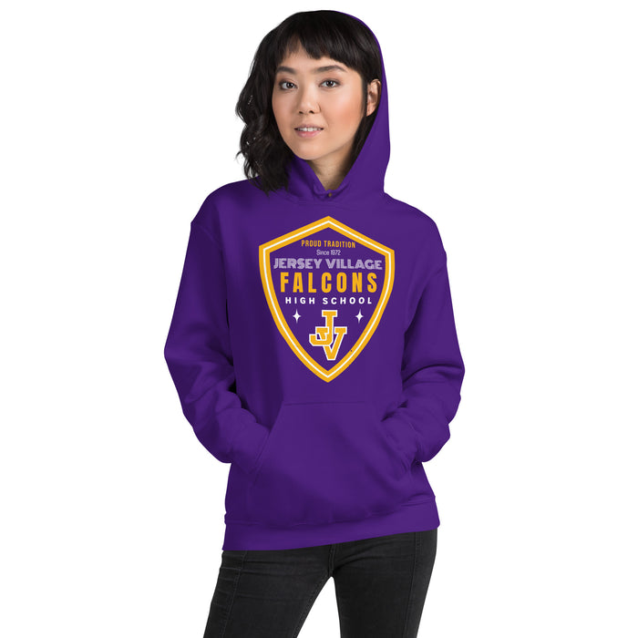 Woman wearing Jersey Village High School Falcons Purple Classic Unisex Hoodie 225