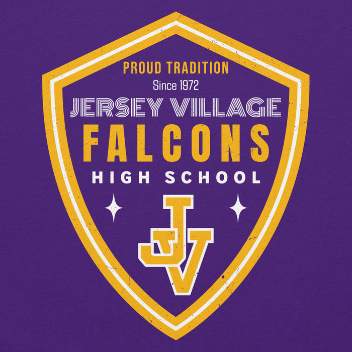 Close-up view of Jersey Village High School Falcons Purple Classic Unisex Hoodie 225