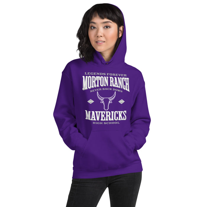 Woman wearing Morton Ranch High School Mavericks Purple Classic Unisex Hoodie 230