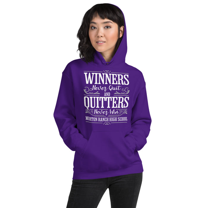 Woman wearing Morton Ranch High School Mavericks Purple Classic Unisex Hoodie 237