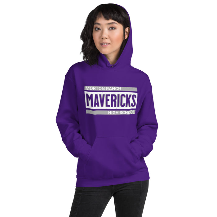 Womanw earing Morton Ranch High School Mavericks Purple Classic Unisex Hoodie 098