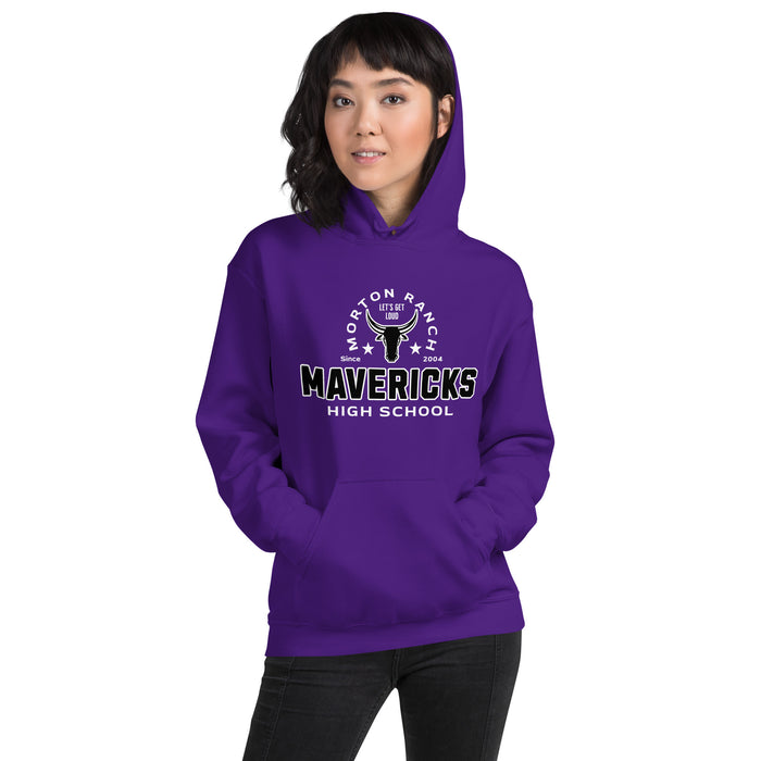 Woman wearing Morton Ranch High School Mavericks Purple Classic Unisex Hoodie 222