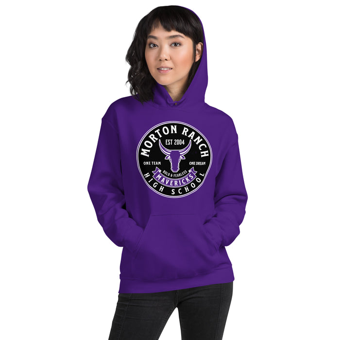 Woman wearing Morton Ranch High School Mavericks Purple Classic Unisex Hoodie 215