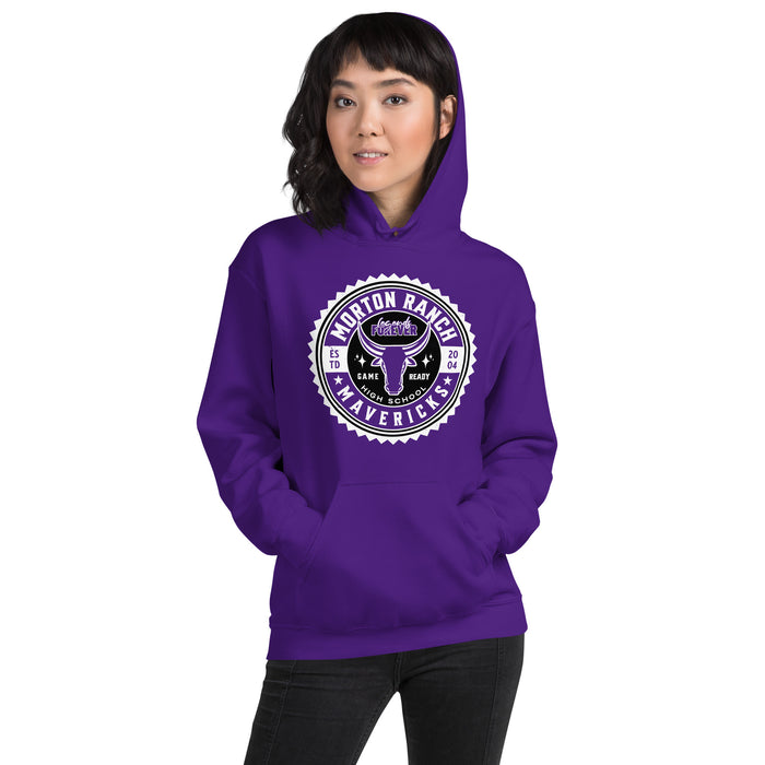 Woman wearing Morton Ranch High School Mavericks Purple Classic Unisex Hoodie 203