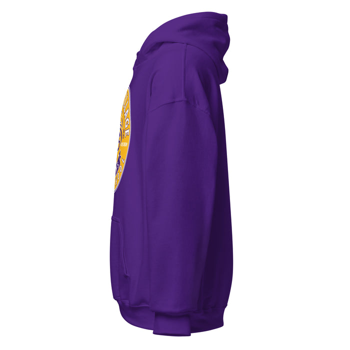 Side view of Jersey Village High School Falcons Purple Classic Unisex Hoodie 215