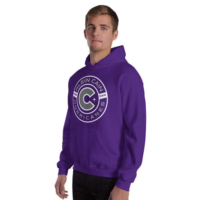 Man wearing Klein Cain High School Hurricanes Purple Classic Unisex Hoodie 239