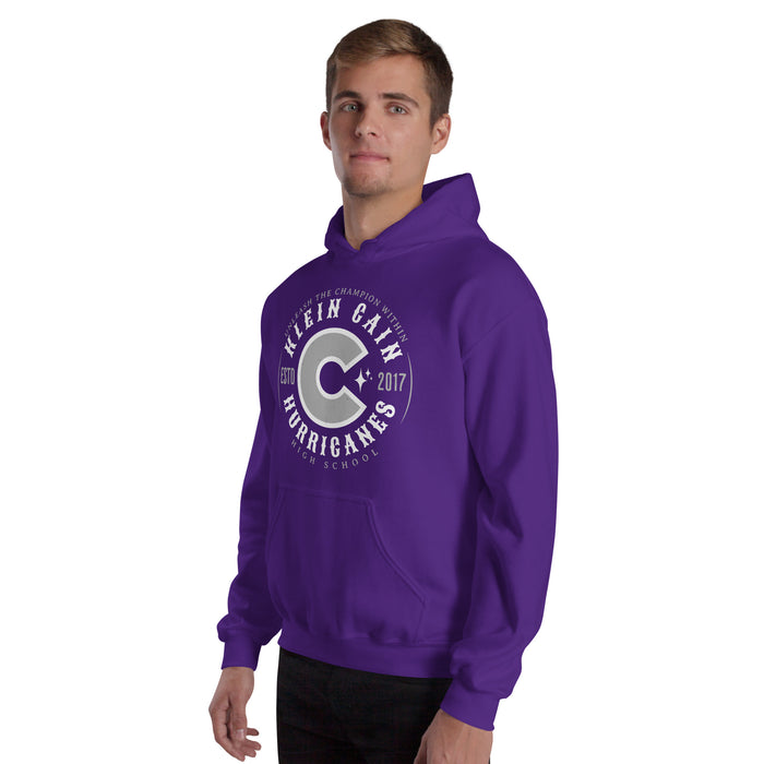 Man wearing Klein Cain High School Hurricanes Purple Classic Unisex Hoodie 214