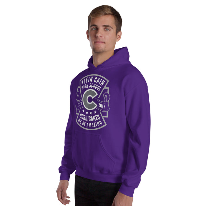 Man wearing Klein Cain High School Hurricanes Purple Classic Unisex Hoodie 207