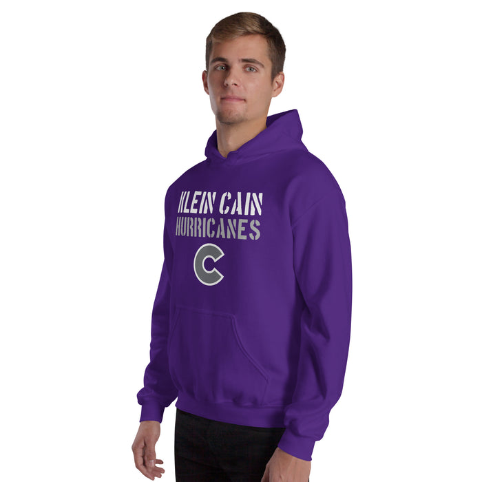 Man wearing Klein Cain High School Hurricanes Purple Classic Unisex Hoodie 017