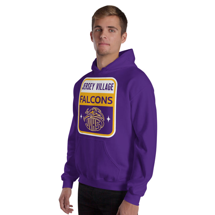 Man wearing Jersey Village High School Falcons Purple Classic Unisex Hoodie 001