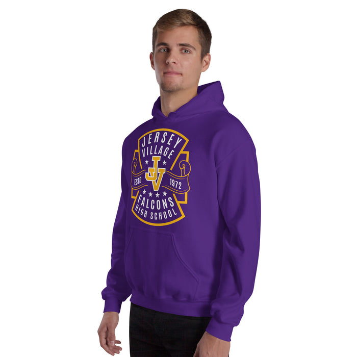Man wearing Jersey Village High School Falcons Purple Classic Unisex Hoodie 207