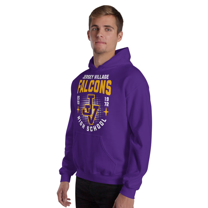 Man wearing Jersey Village High School Falcons Purple Classic Unisex Hoodie 204