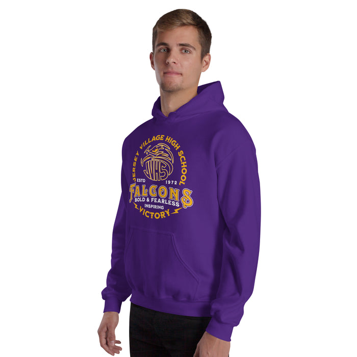 Man wearing Jersey Village High School Falcons Purple Classic Unisex Hoodie 206