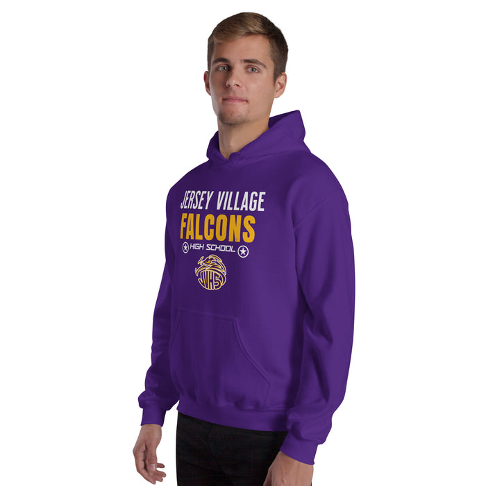 Man wearing Jersey Village High School Falcons Purple Classic Unisex Hoodie 003