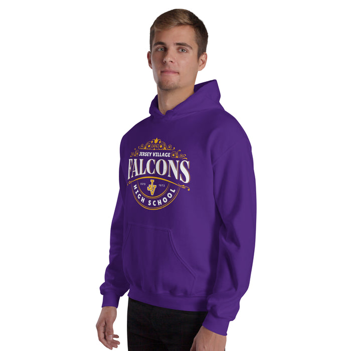 Man wearing Jersey Village High School Falcons Purple Classic Unisex Hoodie 211
