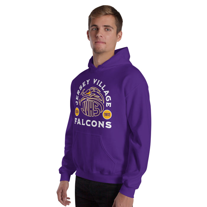 Man wearing Jersey Village High School Falcons Purple Classic Unisex Hoodie 208
