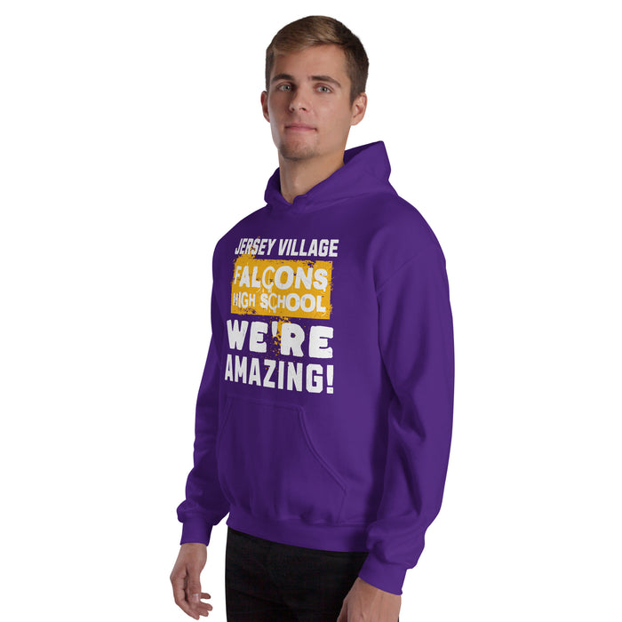 Man wearing Jersey Village High School Falcons Purple Classic Unisex Hoodie 231