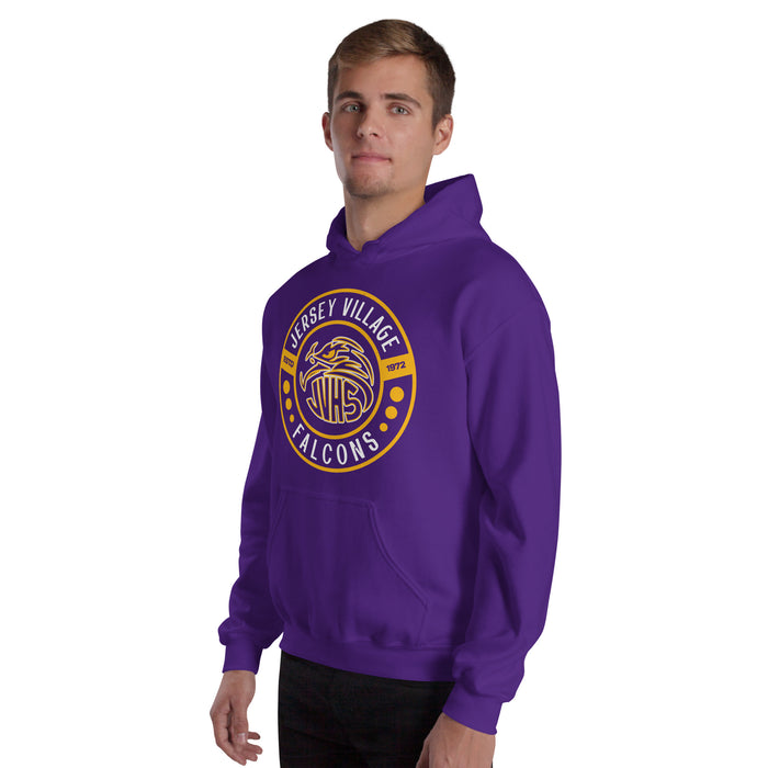 Man wearing Jersey Village High School Falcons Purple Classic Unisex Hoodie 239