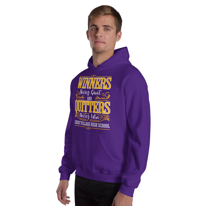Man wearing Jersey Village High School Falcons Purple Classic Unisex Hoodie 237