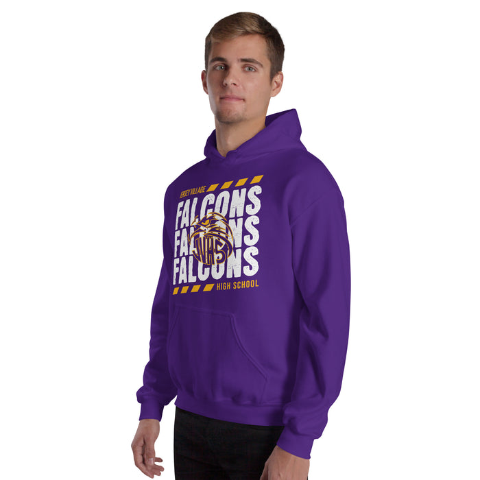 Man wearing Jersey Village High School Falcons Purple Classic Unisex Hoodie 223