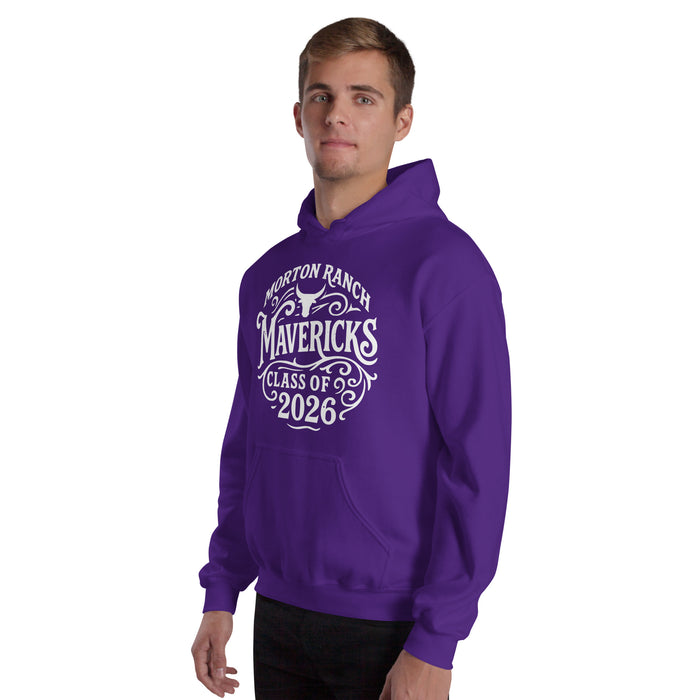 Man wearing Morton Ranch High School Mavericks Purple Classic Unisex Hoodie 254