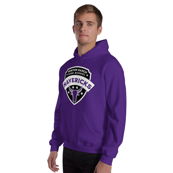 Man wearing Morton Ranch High School Mavericks Purple Classic Unisex Hoodie 221