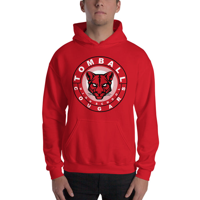 Man wearing a Tomball High School Cougars Red Classic Unisex Hoodie 02