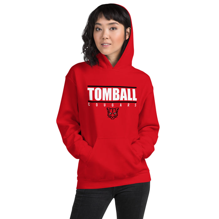 Woman wearing a Tomball High School Cougars Red Classic Unisex Hoodie 07