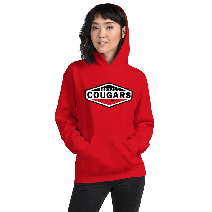 Woman wearing a Tomball High School Cougars Red Classic Unisex Hoodie 09