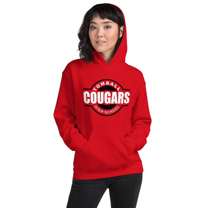 Woman wearing a Tomball High School Cougars Red Classic Unisex Hoodie 11