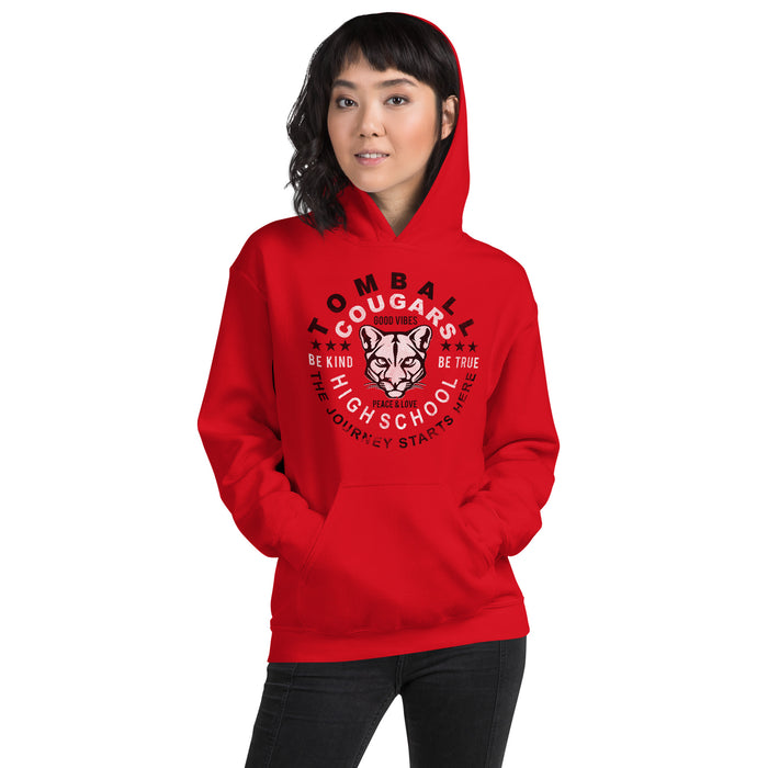 Woman wearing a Tomball High School Cougars Red Classic Unisex Hoodie 16