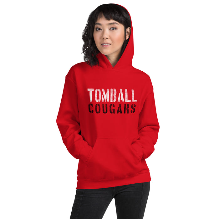 Woman wearing a Tomball High School Cougars Red Classic Unisex Hoodie 17