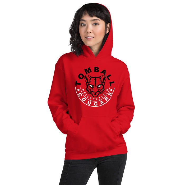 Woman wearing a Tomball High School Cougars Red Classic Unisex Hoodie 19