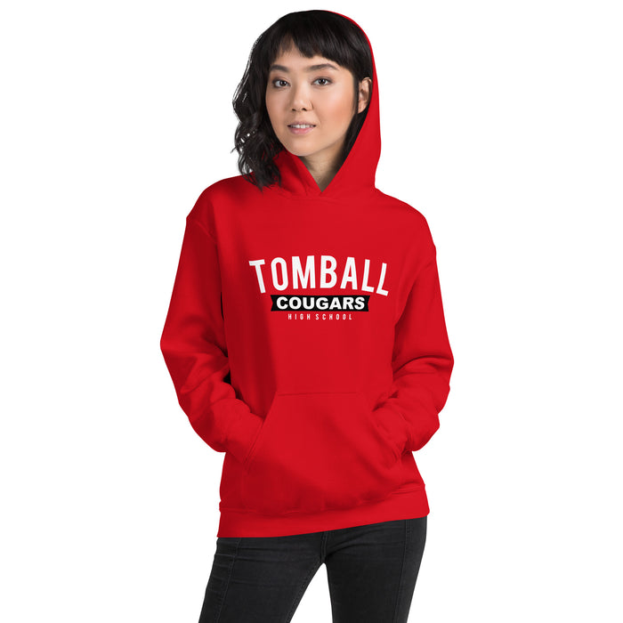 Woman wearing a Tomball High School Cougars Red Classic Unisex Hoodie 21