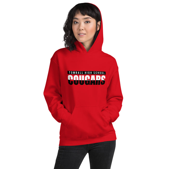 Woman wearing a Tomball High School Cougars Red Classic Unisex Hoodie 25